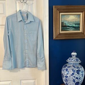 Christian Dior Blue Striped Polyester Blend Long Sleeve French Cuff Button Down